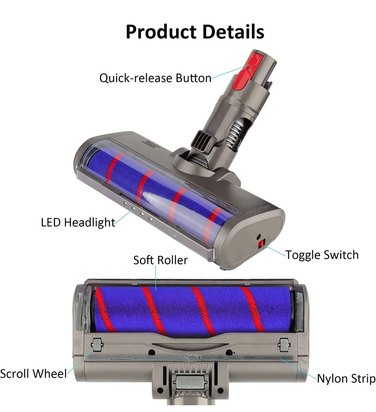 For Dyson Compatible V7 V8 V10 V11 V12 V15 soft roll hard floor head LED lights